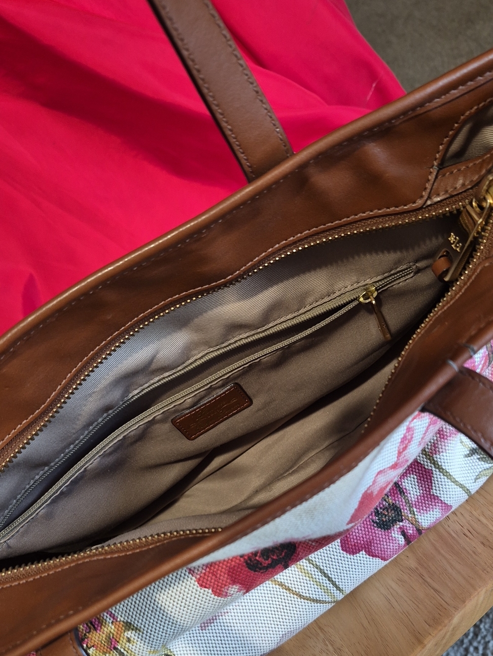 Ralph Lauren-Floral Canvas Tote with Brown Leather Trim - Pink Floral - Picture 9 of 13